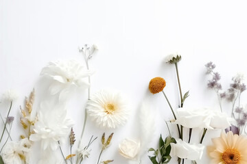 Obraz premium A beautiful pattern with white chamomile, daisies flowers. Floral meadow texture. Holiday wedding, birthday background from a composition of wild flowers Copy space, flat lay, top view. Postcard. ai