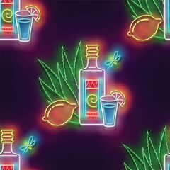 Seamless pattern with glow Mexican tequila, shot, lemon. Traditional ethnic alcoholic drink. Neon Light Texture, Signboard. Glossy Background. Vector 3d Illustration