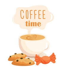 Cup of coffee with cookies and candy. Coffee time with tasty cappuccino