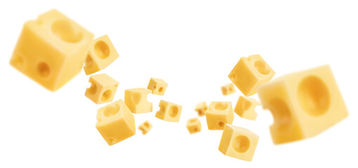 Flying delicious cheese cubes cut out