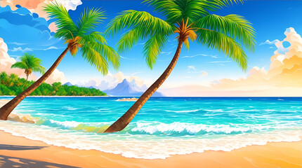 Naklejka na ściany i meble a Illustration of beach with coconut trees