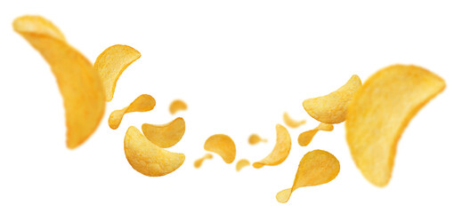 Naklejka premium Flying delicious potato chips, cut out