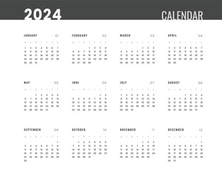2024 Annual Calendar template. Vector layout of a wall or desk simple calendar with week start monday.