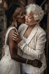 Obraz na płótnie Canvas Old women lesbian couple. marrage Black and Caucasian female bride in love. LGBT pride month celebration generative ai