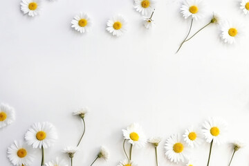 A beautiful pattern with white chamomile, daisies flowers. Floral meadow texture. Holiday wedding, birthday background from a composition of wild flowers Copy space, flat lay, top view. Postcard. ai