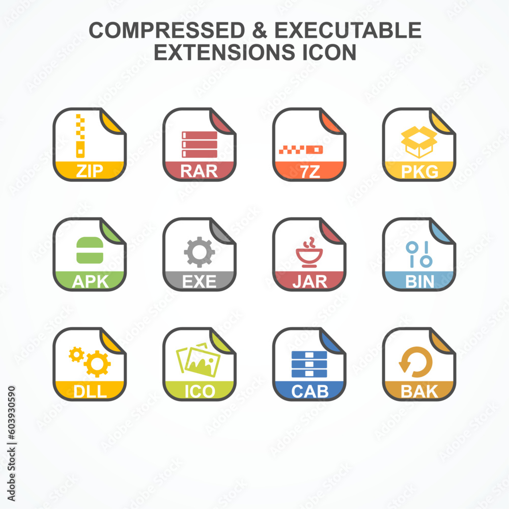 Poster set of compressed and executable format with symbol rounded square icon. format extension icon vecto