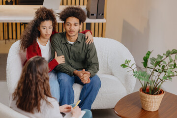 couple of man and woman at psychologist, taking care of mental health in relationship. joint...