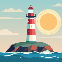 Lighthouse on rock island in sea. Vector flat illustration of summer landscape of ocean shore with beacon