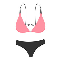 Pink black swimsuit. Women's underwear. Summer cartoon illustration of beach accessories. Isolated on white background. Vector