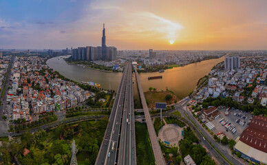 Sunset on Saigon riverside, Ho Chi Minh city Vietnam. Photo taken on May 2023