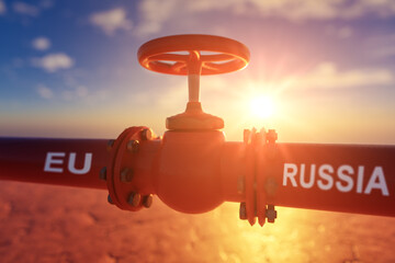 Pipes of gas or oil from Russia to European Union. Sanctions and ban on purchases of natural gas or crude oil in Russia. 3D rendering - obrazy, fototapety, plakaty