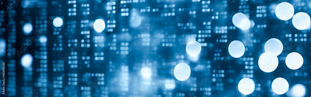 Poster Blue digital binary data on computer screen with bokeh. Abstract information technology background. Digital binary code matrix background. Close-up with small dept