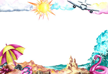 Rest on the sea. Frame with the image of beach paraphernalia on the background of the sea. beach umbrella, sand castle, waves. Watercolor illustrations. For the design of leaflets, banners, postcards.