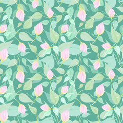 Watercolor drawing pattern of clear pink blossoms and green leaves on dark-green background. Nice picture for illustration, stickers, cards, scrapbooking