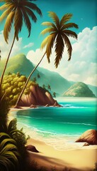 Summer tropical beach landscape, white sand, green palm trees. Warm summer day composition. Generative AI illustration
