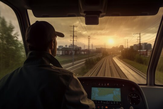 Train driver man windshield view. Generate AI