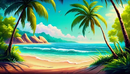 Fototapeta na wymiar Summer tropical beach landscape, white sand, green palm trees. Warm summer day composition. Generative AI illustration