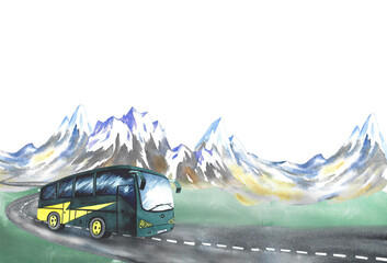 Passenger, tourist bus on the background of snowy mountains. Banner, watercolor hand drawn illustration. Designed for flyers, banners and postcards. For invitations, posters, stickers and prints.