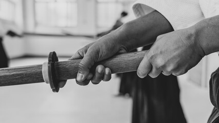 People practicing aikido martial art in a dojo background.