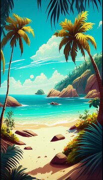 Summer tropical beach landscape, white sand, green palm trees. Warm summer day composition. Generative AI illustration