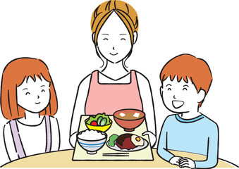 線画　子供に食事を提供するエプロンの女性