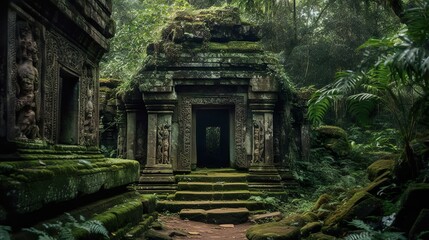 Deep within the heart of the dense jungle a forgotten temple - obrazy, fototapety, plakaty
