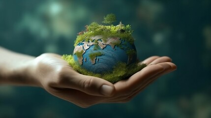 Hand hold globe with nature. ESG, Environment Social Governance. Reducing co2. Net Zero. Sustainable. ethical. Business organizational development. renew resource reduce. Generative AI