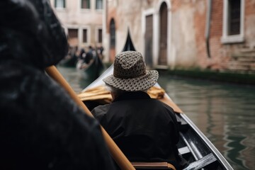 Gondola with a gondolier and a tourist girl close-up. Generative AI - obrazy, fototapety, plakaty