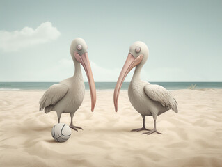 Obraz premium Two pelicans and ball on the beach. 3D illustration. Created with generative AI technology.
