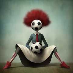 Foto auf Acrylglas Fantasy persoon with red wig sitting and the head of soccer ball. Created with generative AI technology. © el-bee