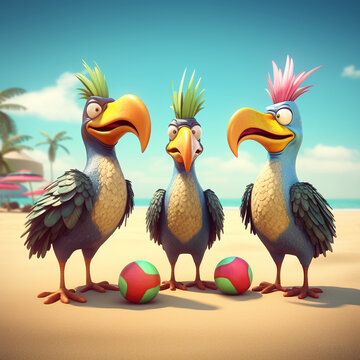 Illustration of three fantasy bird on the beach playing with balls. 3D render. Summer vacation concept. Created with generative AI technology. Generative AI