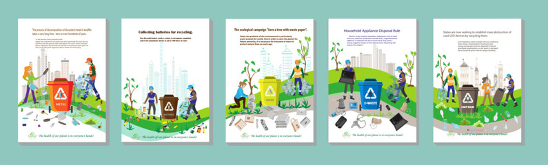 Obraz na płótnie Canvas Waste segregation. Sorting garbage by material and type in colored trash cans. Separating and recycling garbage vector infographic. sustainability environment .