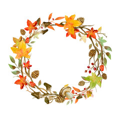 Autumn wreath with fallen leaves, mushrooms, branches, and amanita. For a Thanksgiving card or just for your own text inside. PNG, transparent.