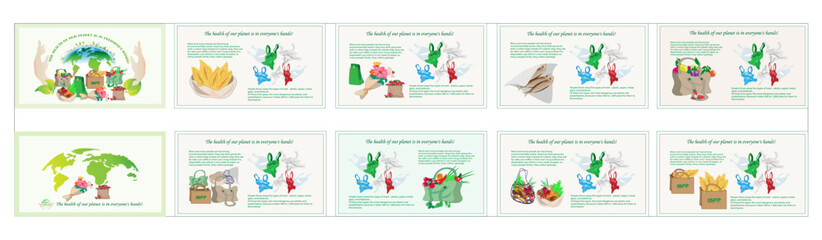 Waste segregation .A collection of sustainable, reusable items and packaging. Conscious consumption. Zero Waste, glass jars, eco bags, string bag Flat vector illustration.
