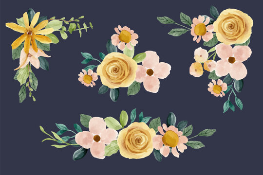 yellow pink floral bouquet watercolor collection