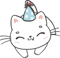 Cute playful happy birthday cat kitten celebrating party cartoon doodle hand drawing