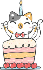 Cute playful happy birthday cat kitten celebrating party cartoon doodle hand drawing