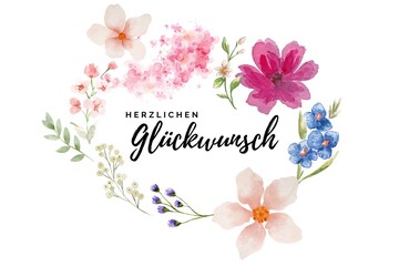Herzlichen Gl&uuml;ckwunsch Schriftzug mit blauen, pinken und weissen Blumen gezeichnet mit Wasserfarbe auf weissem Hintergrund. Gl&uuml;ckwunschkarte.	
