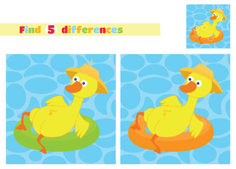 Find the differences. A duck in a hat floats on an inflatable circle on the water in a cartoon style. An educational game for children in elementary school or kindergarten.