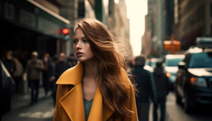 Obraz na płótnie Canvas Female fashion fashion model or woman walking down street in big city - theme fashion, fashion or beauty