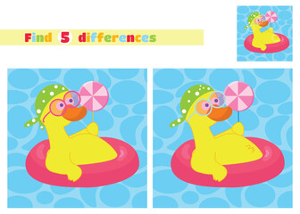 Find the differences. A duck in a handkerchief and glasses floats with a lollipop on an inflatable circle on the water in a cartoon style. An educational game for children in elementary school.