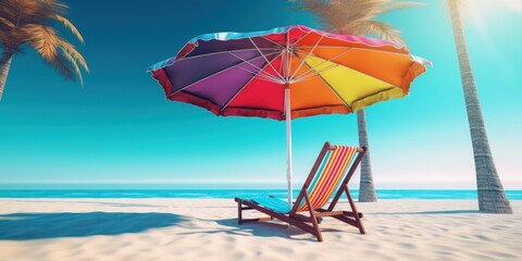 Colorful umbrella with beach chairs on tropical beach blue sky background. Generative AI