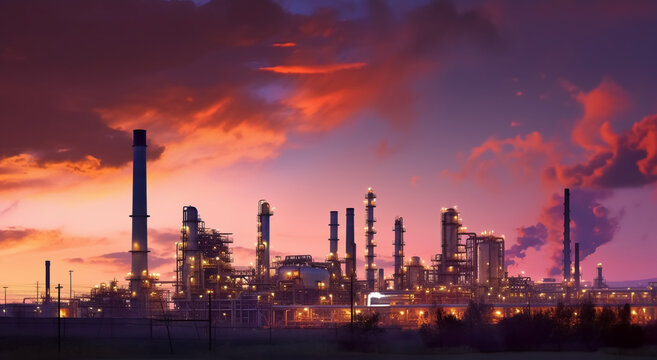 Industry building for chemistry at sunset - theme industry, chemistry or pollution - Generative AI
