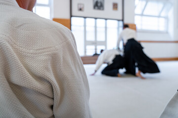 People practicing aikido martial art in a dojo background. Seiza position.