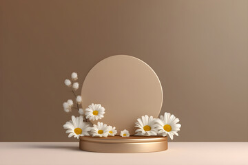 3d rendering mockup white podium with daisy flower, AI Generative Illustration.