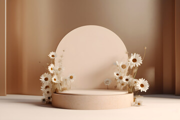 3d rendering mockup white podium with daisy flower, AI Generative Illustration.