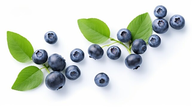 Fresh blueberries with bluberry leaves isolated on white background. Top vew. generative ai