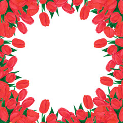 Hand drawn watercolor red tulips bouquet frame on white background. Scrapbook, post card, textile, invitation, album.