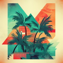 Summer party, Modern poster with palm tree and geometric graphic. Vector illustration. generative ai