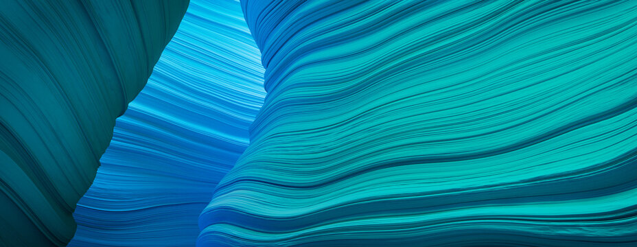 Abstract 3D Render with Natural, Wavy Surfaces. Trendy Blue and Turquoise Background.